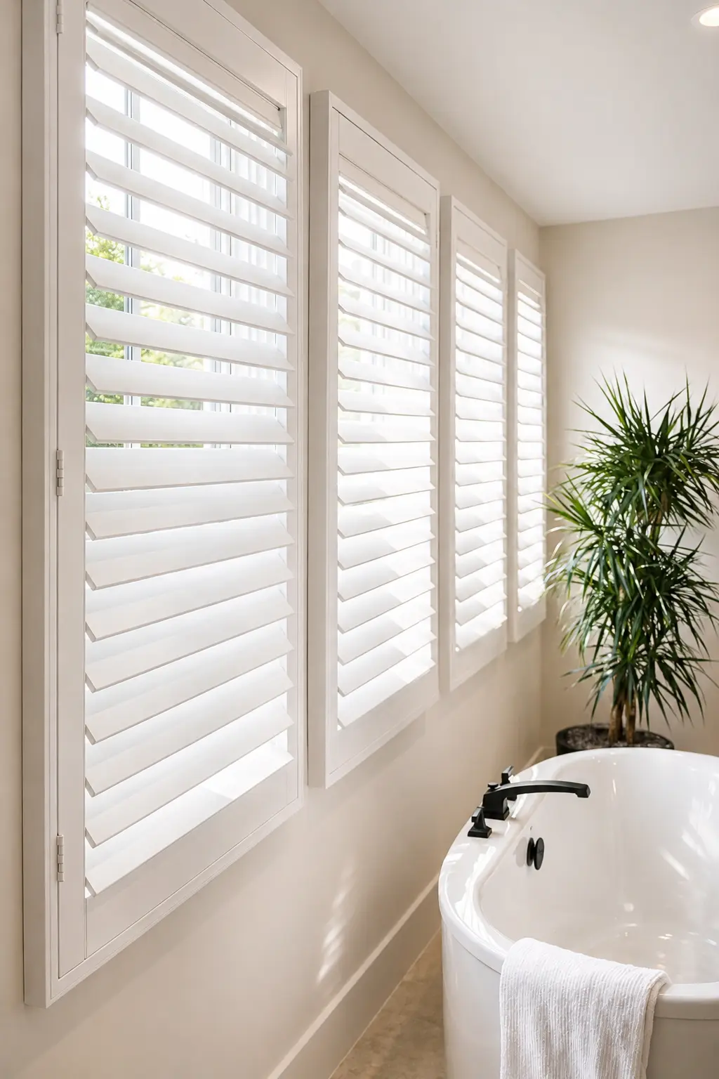 White poly plantation shutters across four narrow bathroom windows