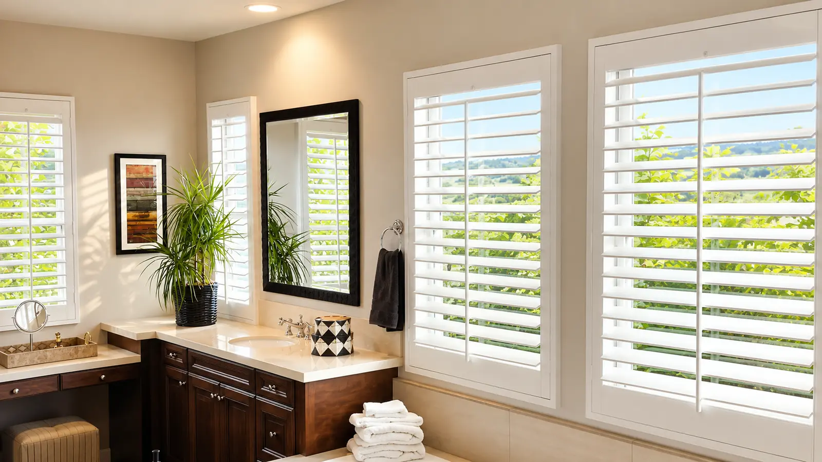 White plantation shutters across a master bath with hillside view