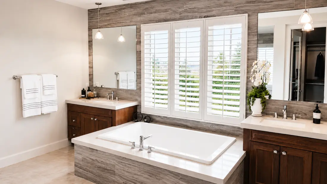 White poly plantation shutters above a soaking tub in a wood-tiled bathroom