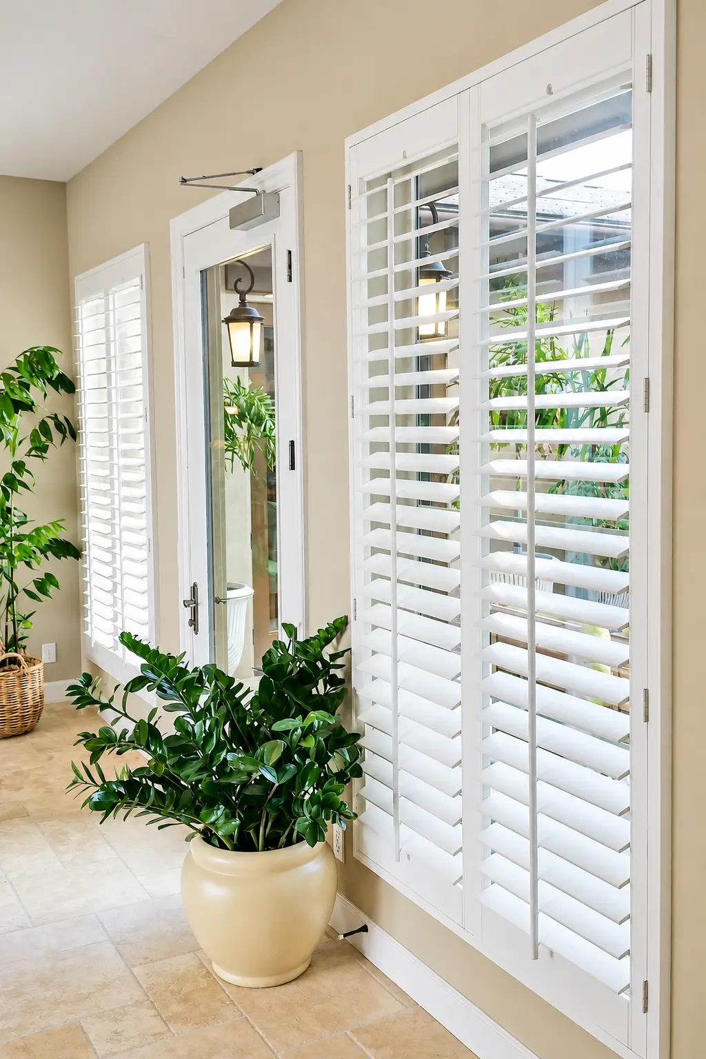 White plantation shutters on a hinged interior door with side-light panels