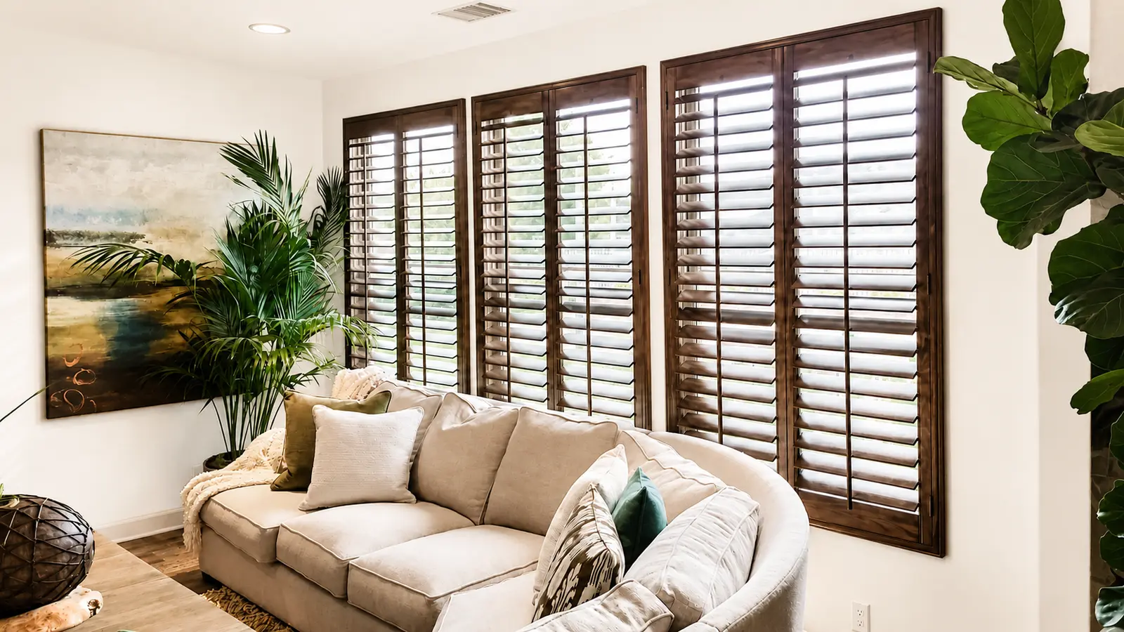 Dark stained wood plantation shutters across a coastal living room in Newport Coast
