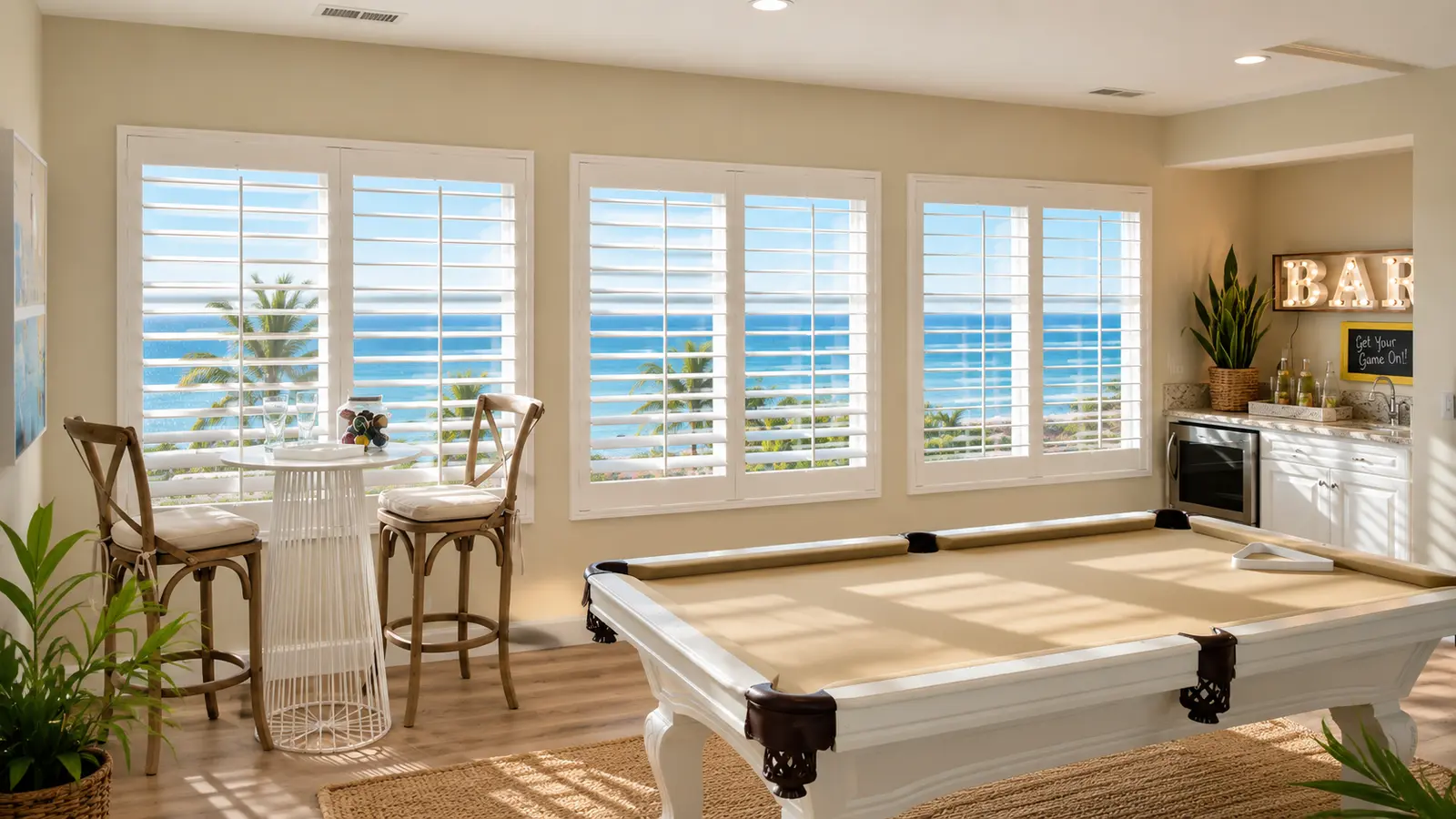 White plantation shutters across a coastal game room with ocean views