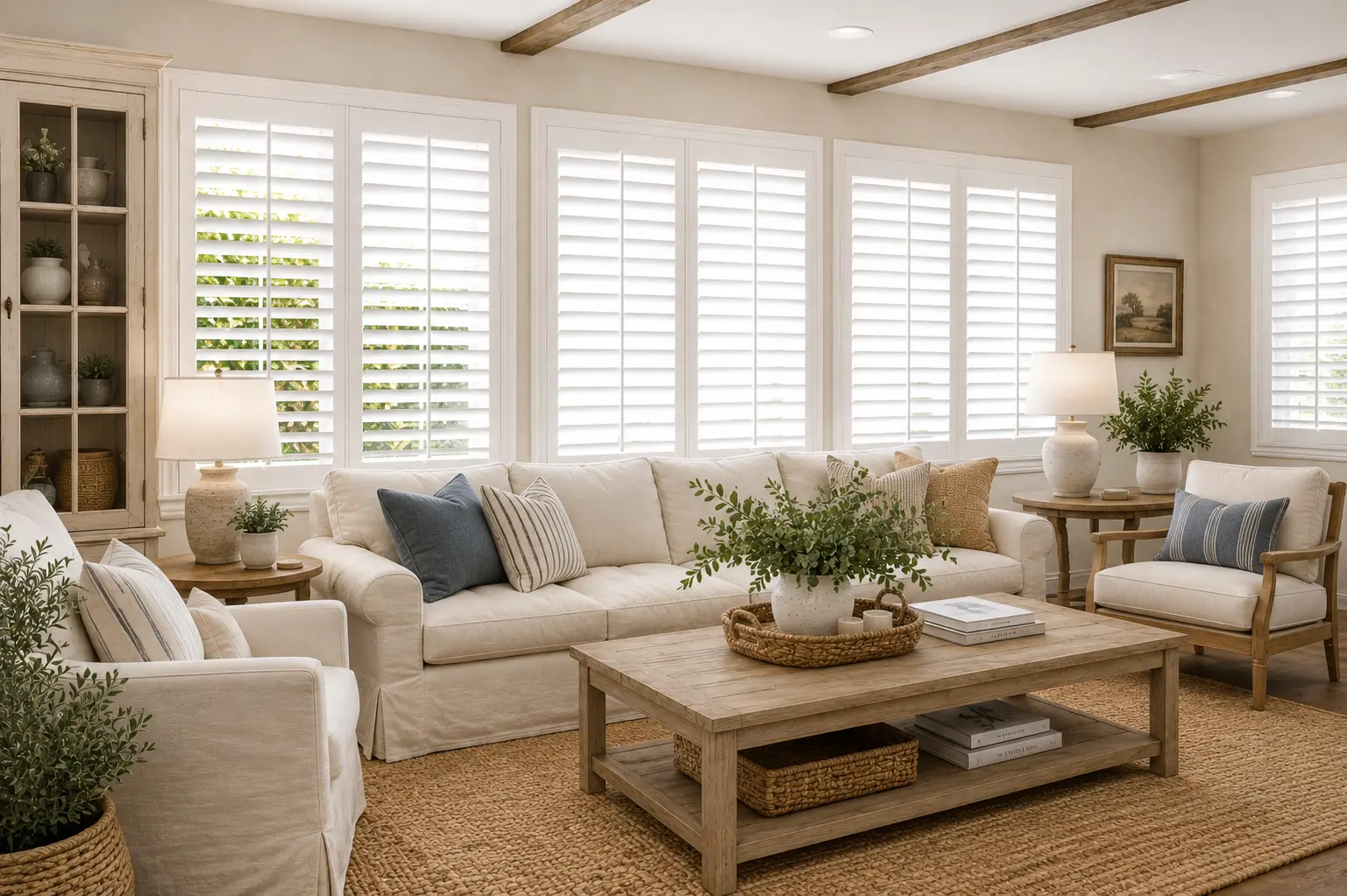 White plantation shutters across a coastal farmhouse living room in San Clemente