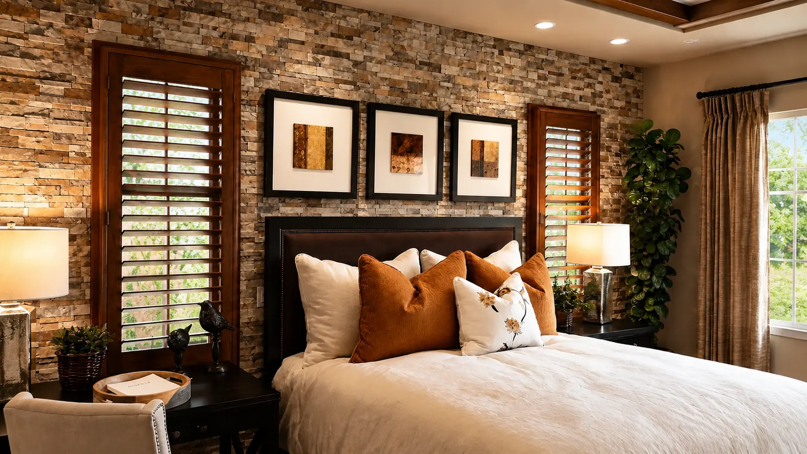 Stained wood plantation shutters in a stone-walled bedroom in Anaheim Hills
