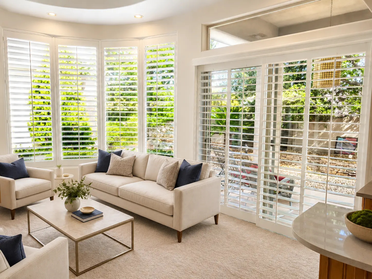 White plantation shutters wrapping a bay-window living room and patio slider