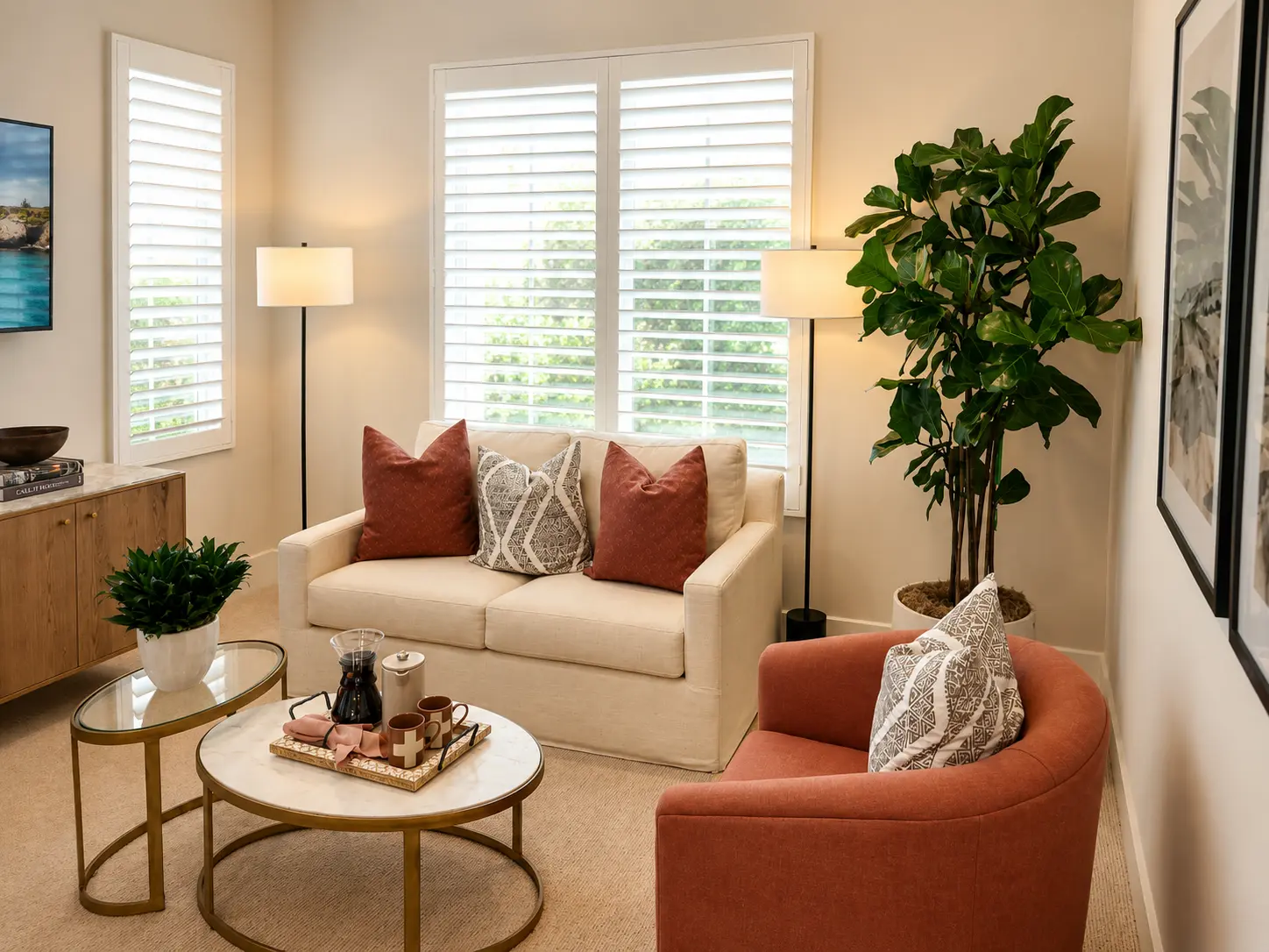 White plantation shutters in a small sitting room with terracotta accents