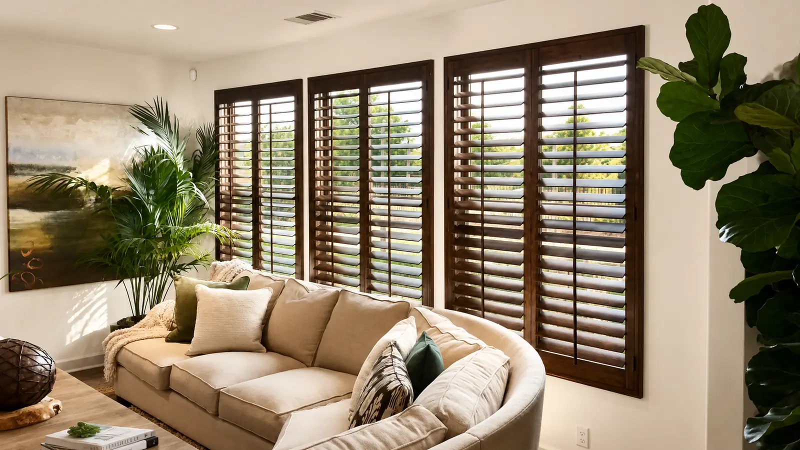 Dark stained wood plantation shutters across a wide picture window