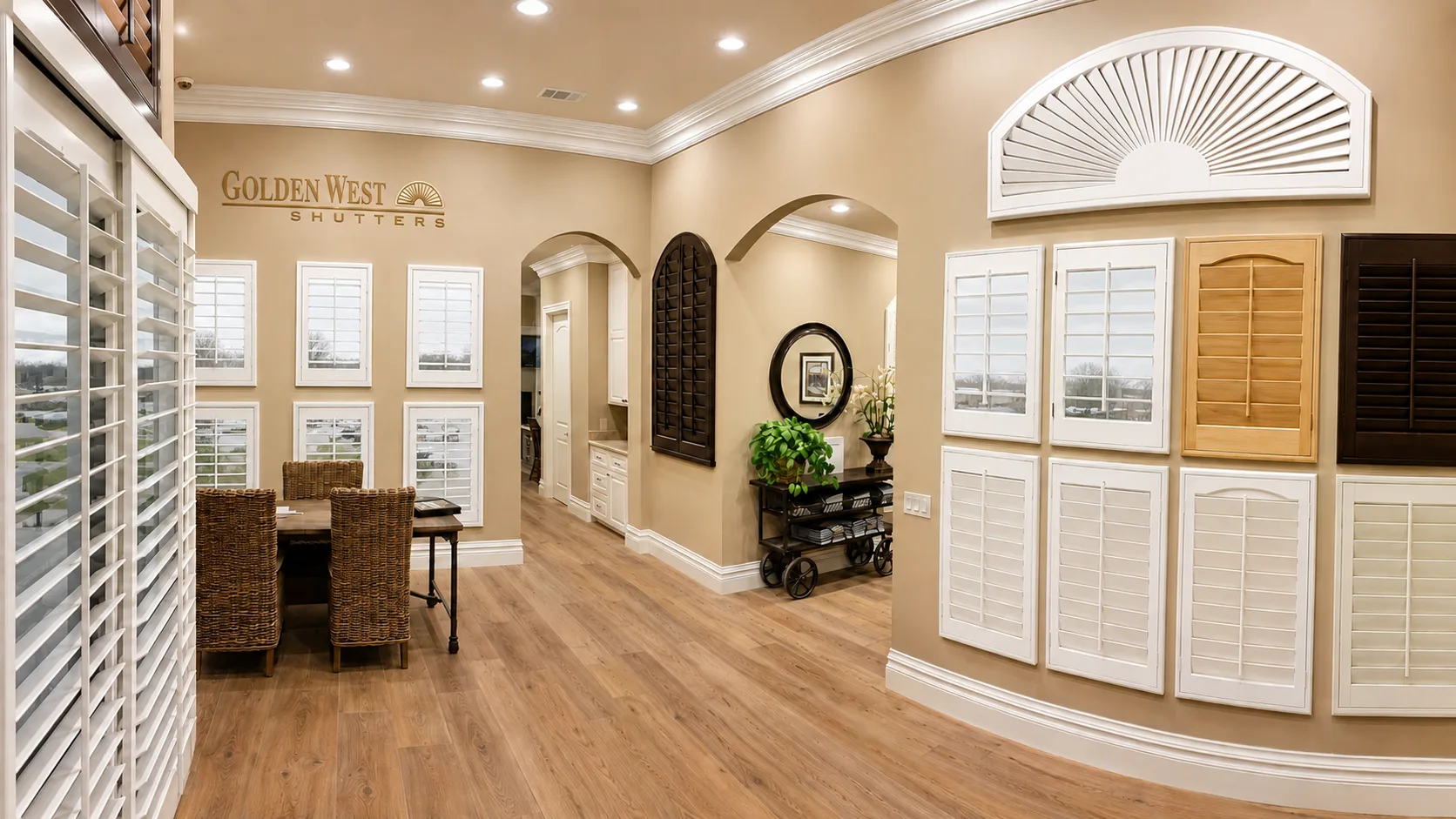 Golden West showroom with wall displays of plantation shutter styles, frame profiles, and a sunburst arch